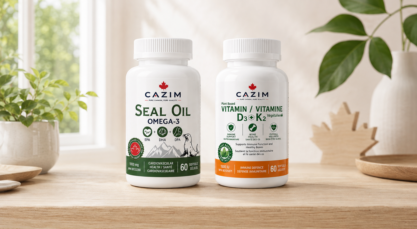 CAZIM Seal Oil Omega-3 1000MG and plant-based Vitamin D3+K2 bottles