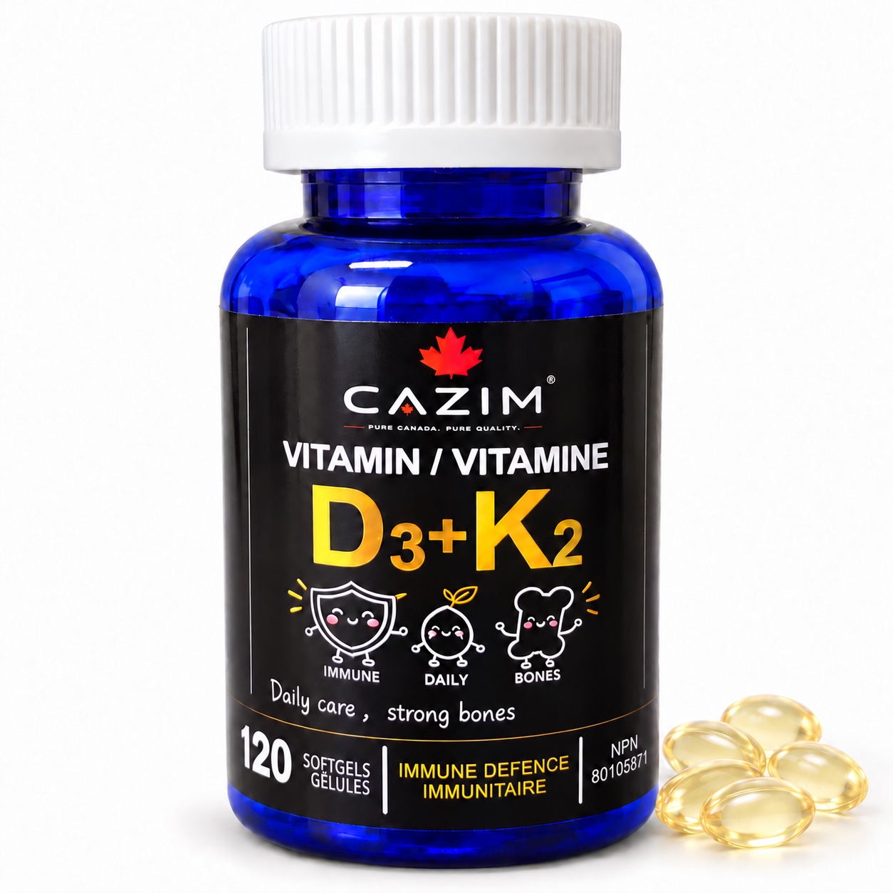 CAZIM Vitamin D3 plus K2 blue bottle with 120 softgels, NPN 80105871
