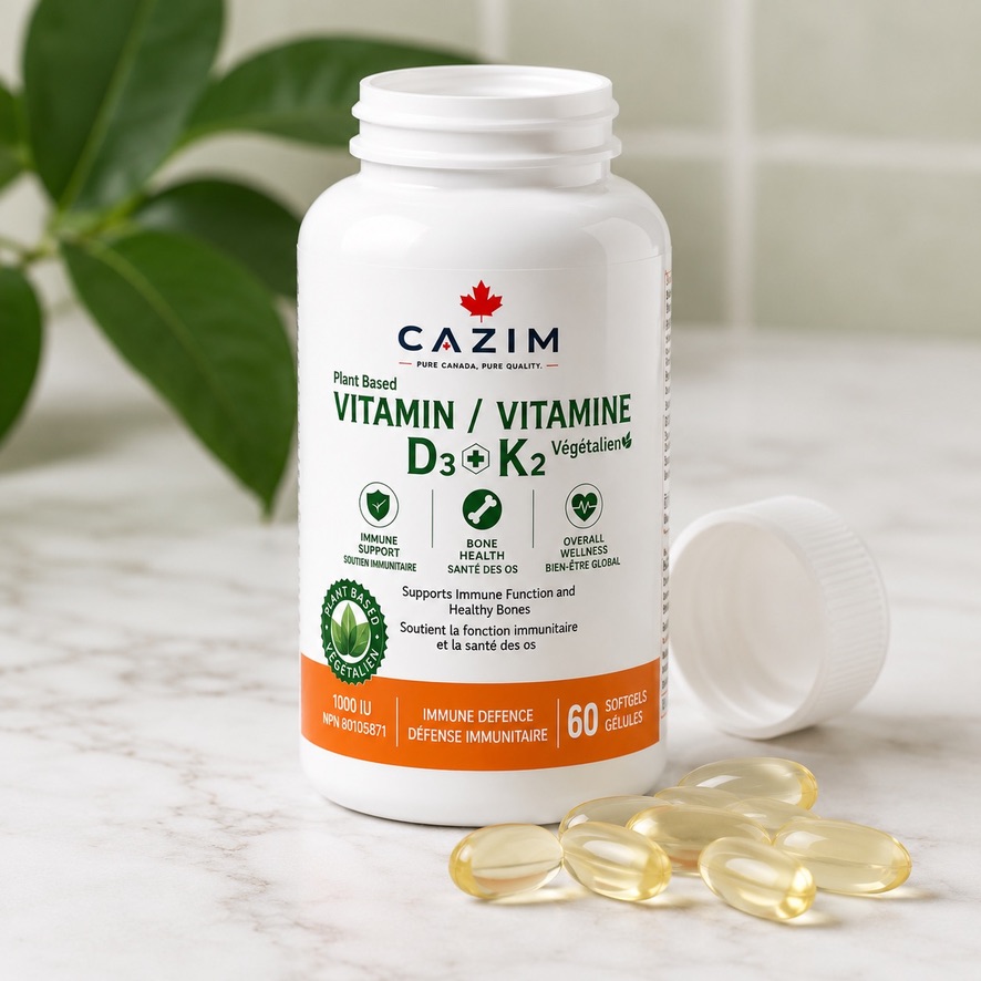 CAZIM plant-based Vitamin D3 plus K2 bottle