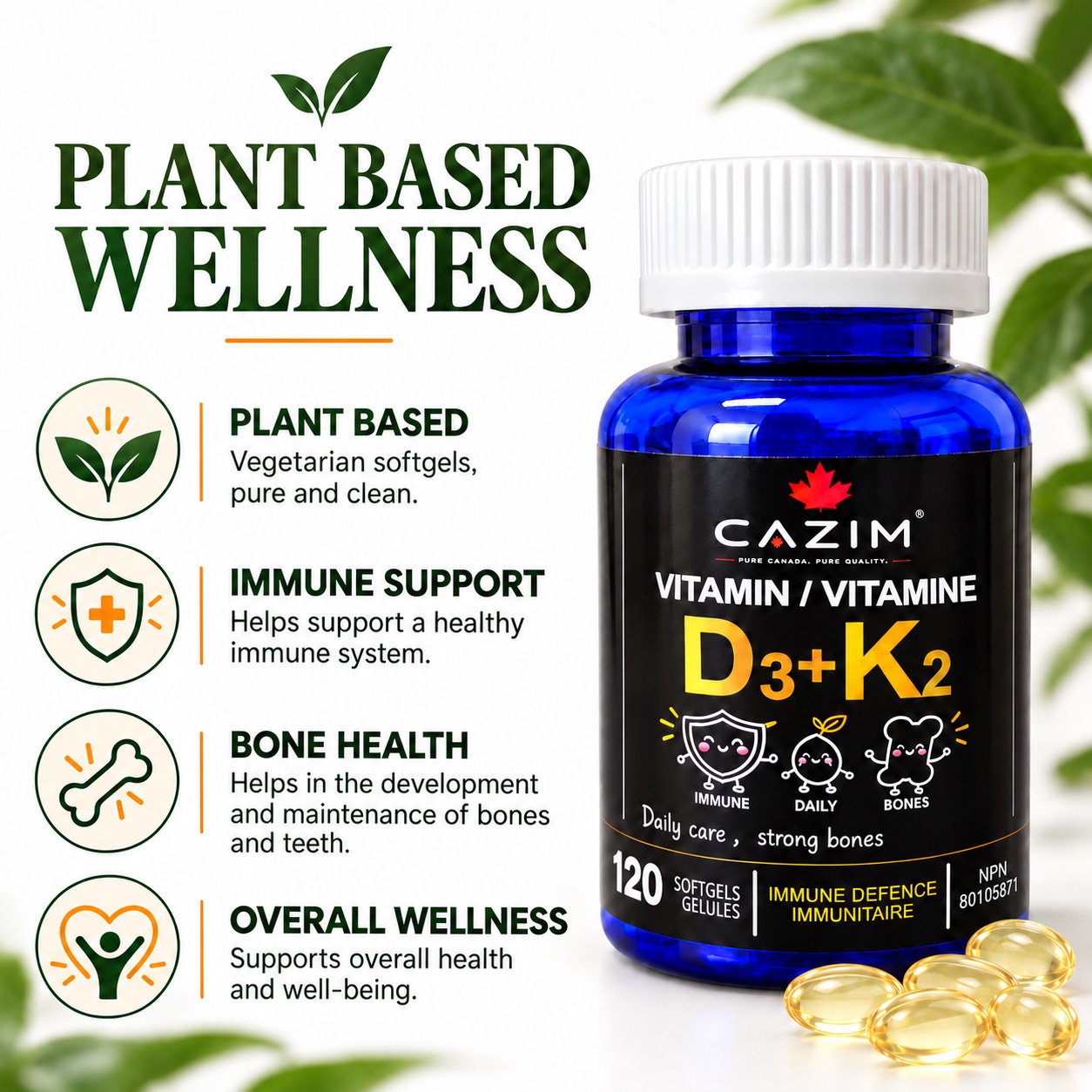 CAZIM Vitamin D3 plus K2 blue bottle, NPN 80105871, with plant-based wellness information
