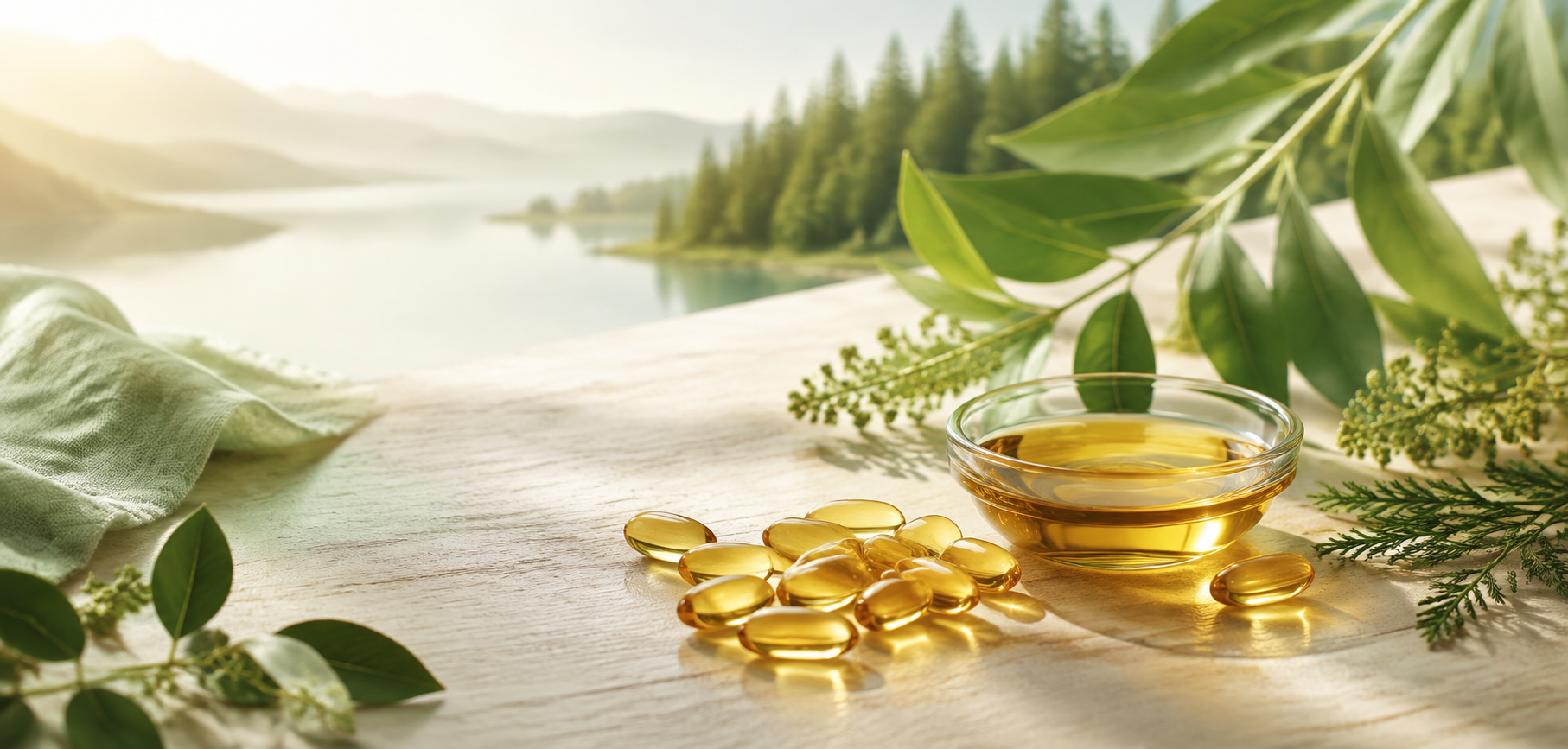 Natural wellness ingredients with golden softgels, botanical leaves and pure oil