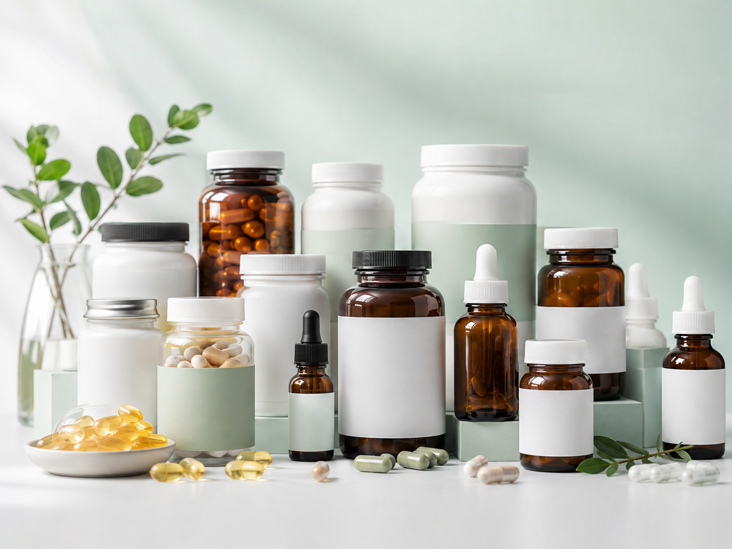 Assortment of wellness supplements in clean packaging