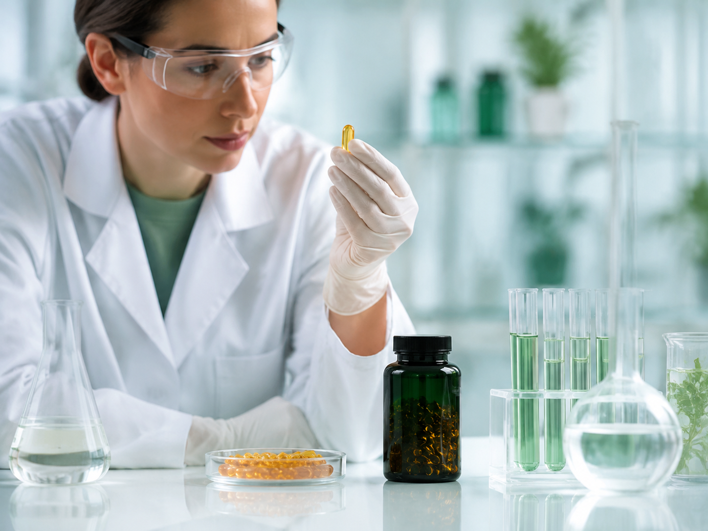 Quality specialist inspecting a golden supplement softgel